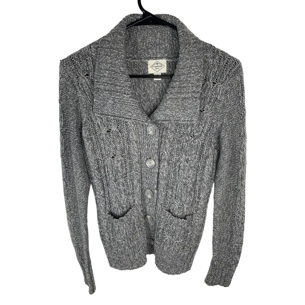 St Johns Bay womens Cable Knit Button-Up Cardigan size PS Grey Acrylic - Picture 1 of 7